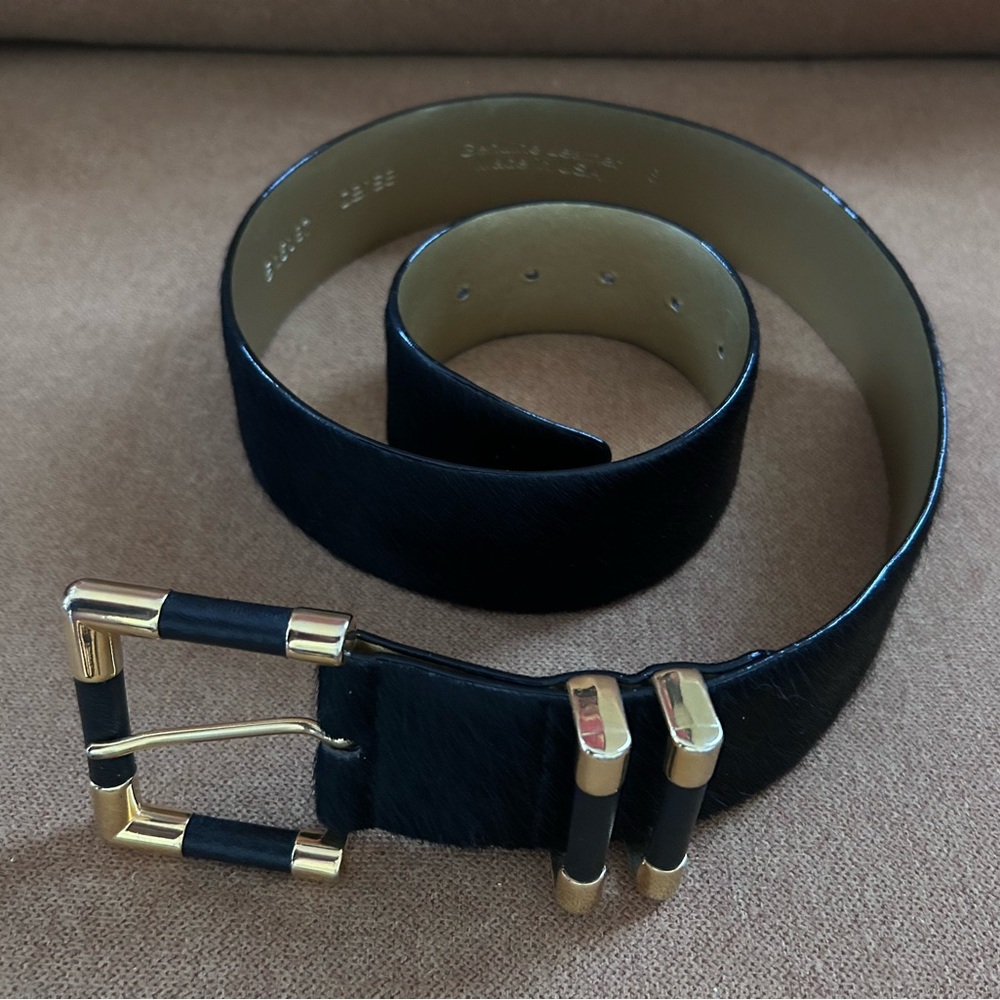 Per Se Women’s 2”Black Cowhide Leather Belt with Gold Buckle